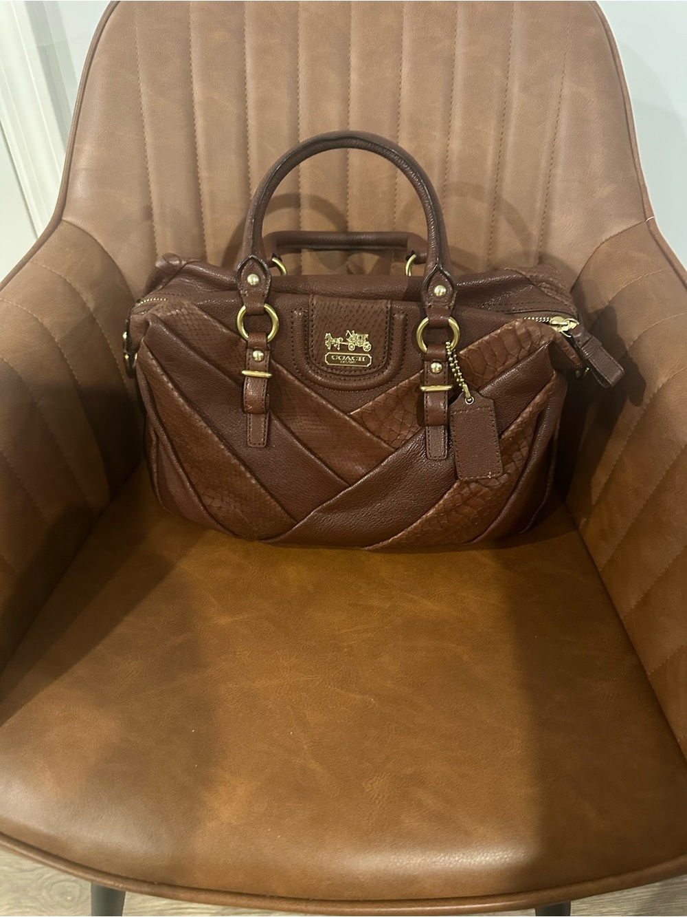 Coach Quilted Brown Leather Satchel with Gold Hardware